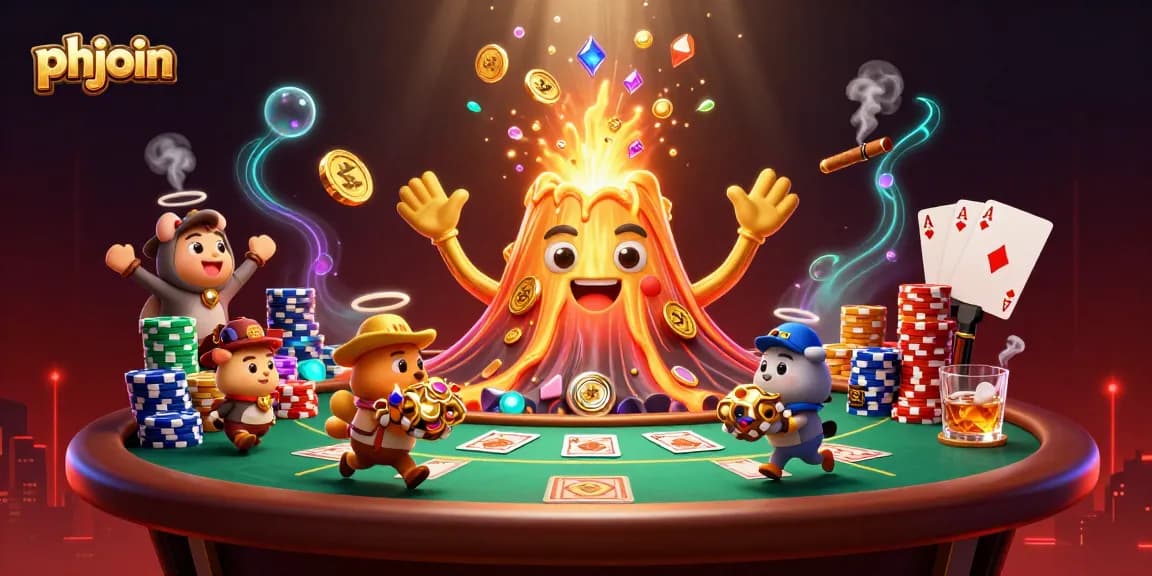 Experience thrilling wins with phjoin, featuring a golden volcano erupting treasure amidst vibrant poker elements.