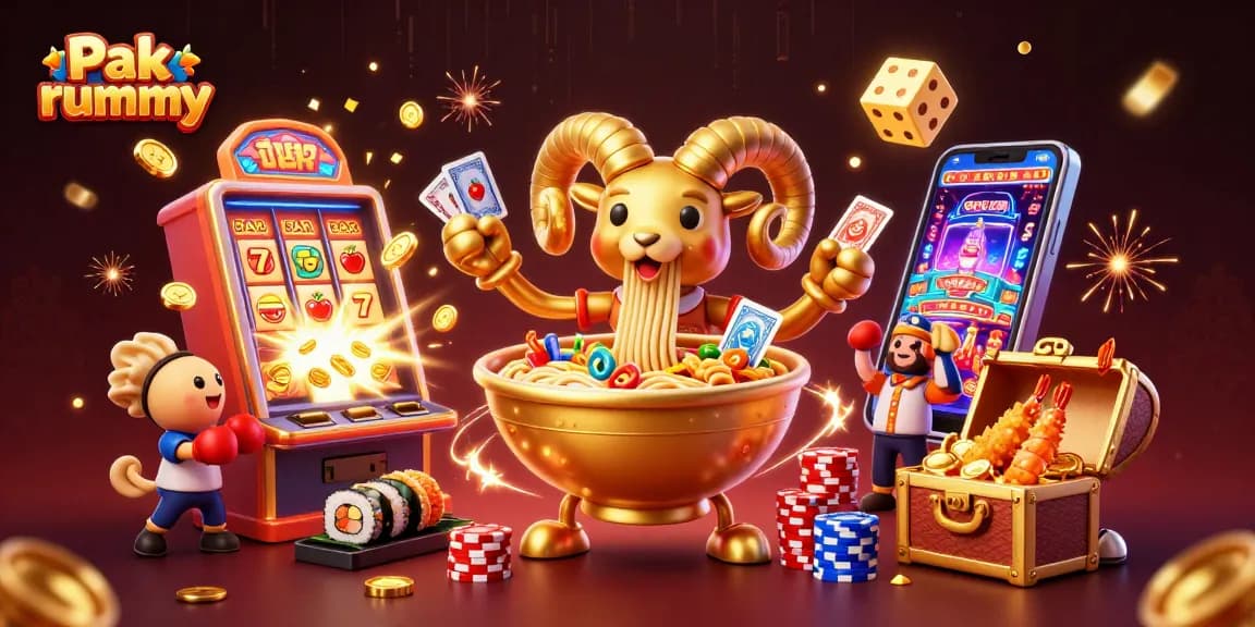 Experience the excitement of Pak rummy with vibrant illustrations of winning cards and casino elements.