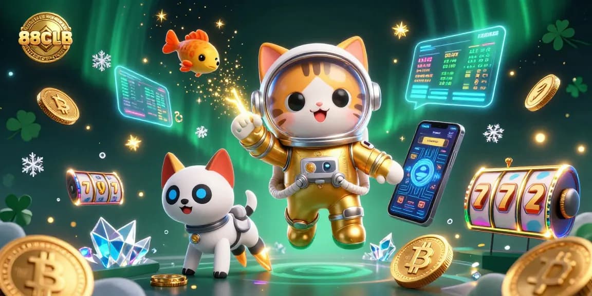 88CLB brings excitement with a dynamic scene showcasing a golden astronaut cat, vibrant 3D casino elements, and a rich cosmic backdrop.