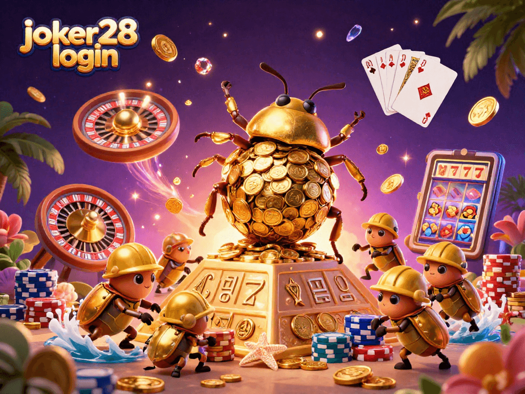 Permainan slot online di joker28 login dengan koin emas dan simbol kasino yang menarik.