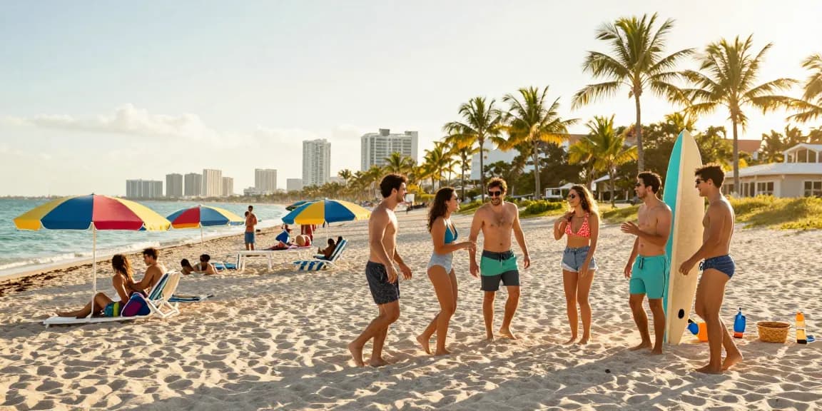Geng bersenang-senang di pantai Miami, menikmati suasana cerah di https://miami4d.com/ dengan papan selancar dan payung berwarna-warni.
