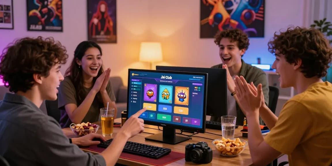 Excited friends engaging with the jaiclub gaming app, showcasing vibrant game graphics in a cozy living room.