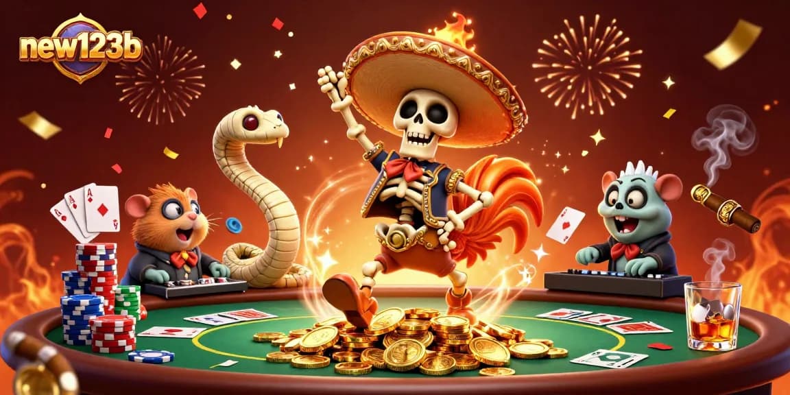 Experience new123b with a festive 3D casino scene featuring playful characters and rich gaming elements.