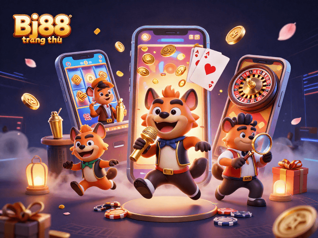 Bj88 trang chủ features hyenas in a vibrant casino scene, showcasing slots and poker in 3D
