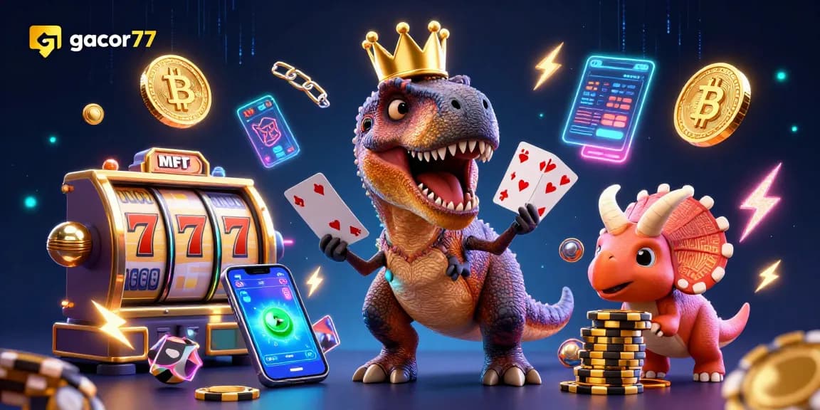 Gacor77 menghidupkan permainan dengan T-Rex raksasa dan chip emas yang menumpuk.