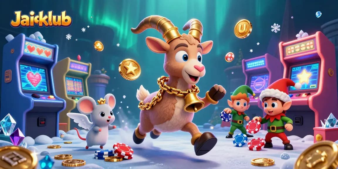 Jaiclub's dynamic casino scene features a Krampus goat, angel mouse, and elf gremlins amidst vibrant gaming elements.