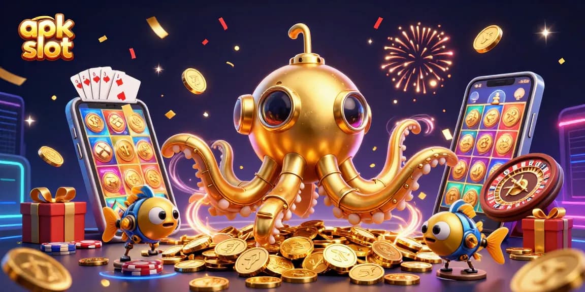 Mainkan apk slot dengan pengalaman ilustrasi kasino digital dengan karakter unik di lautan koin emas.