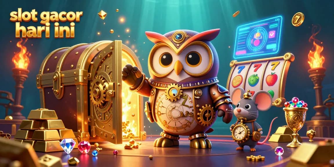 Menangkan jackpot slot gacor hari ini dengan ilustrasi kasino megah penuh harta dan gambar berkilauan.