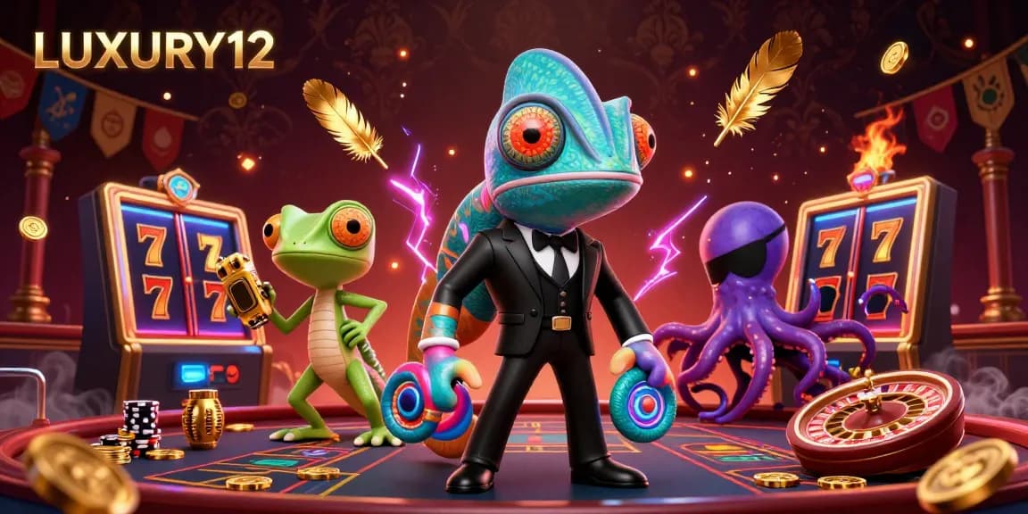 LUXURY12's vibrant online casino scene featuring exciting slot reels and dynamic characters.