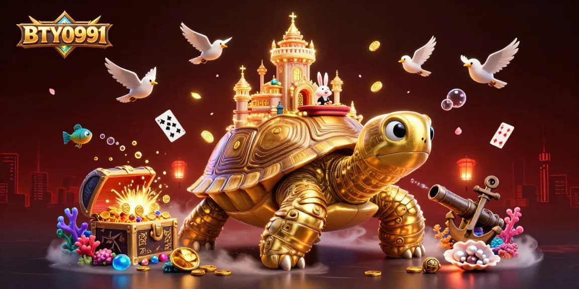 Engage in thrilling gameplay at BTY0991, featuring a golden tortoise casino and vibrant cartoon elements.