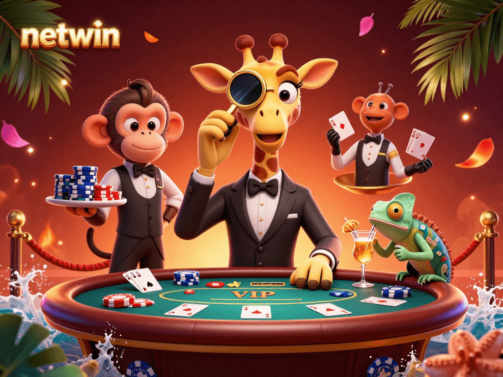 Engage in thrilling poker action with netwin at a vibrant casino scene featuring animated characters.