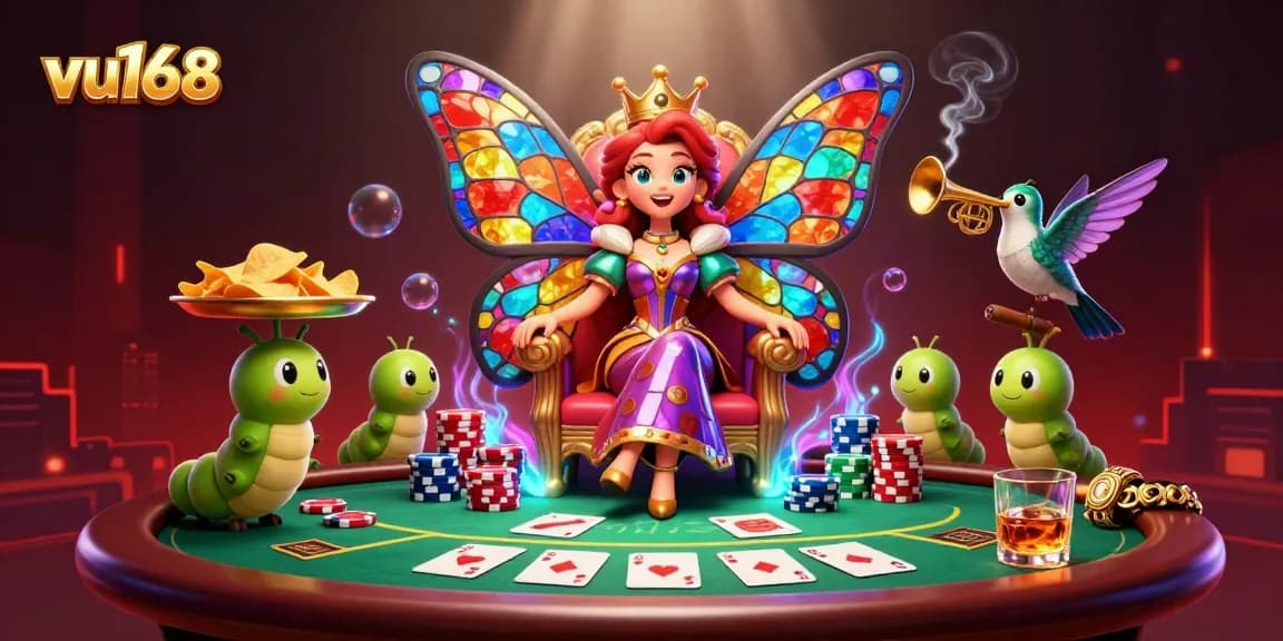 Experience the vivid world of vu168 with the butterfly queen and poker elements in this dynamic casino scene.
