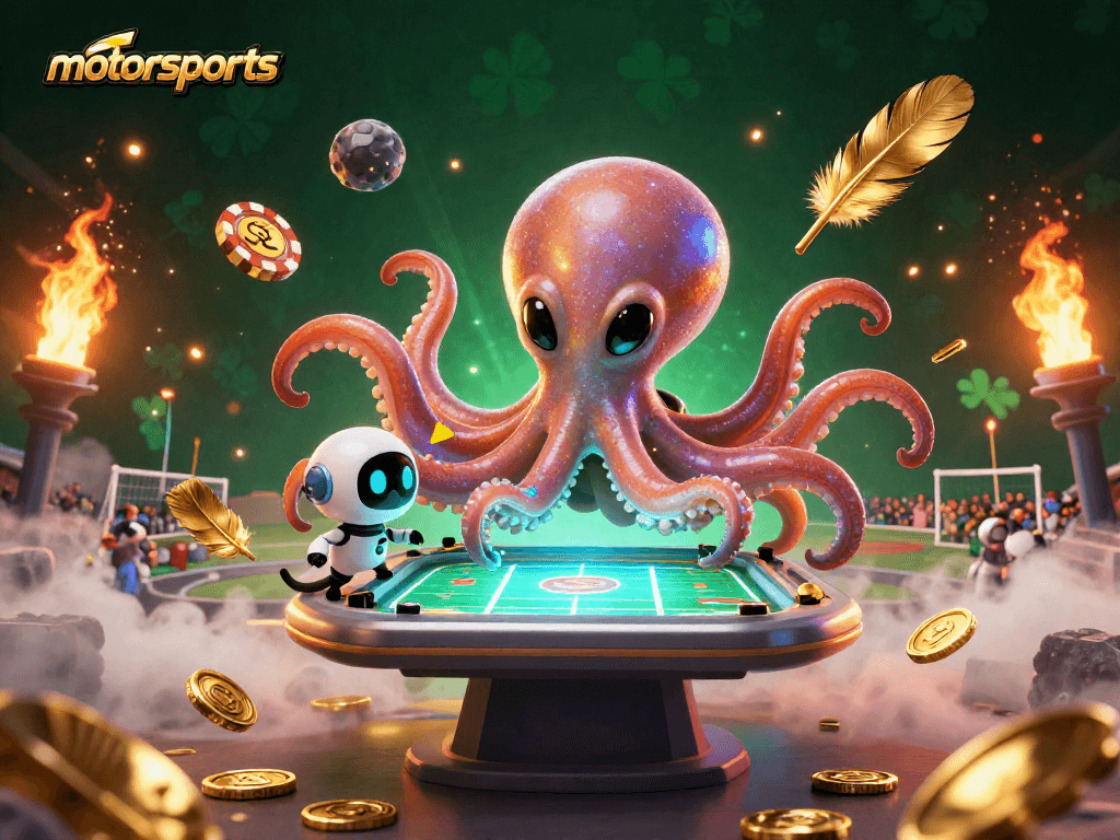 Engage in motorsports betting with a vibrant scene of an alien octopus at a holographic sports table.