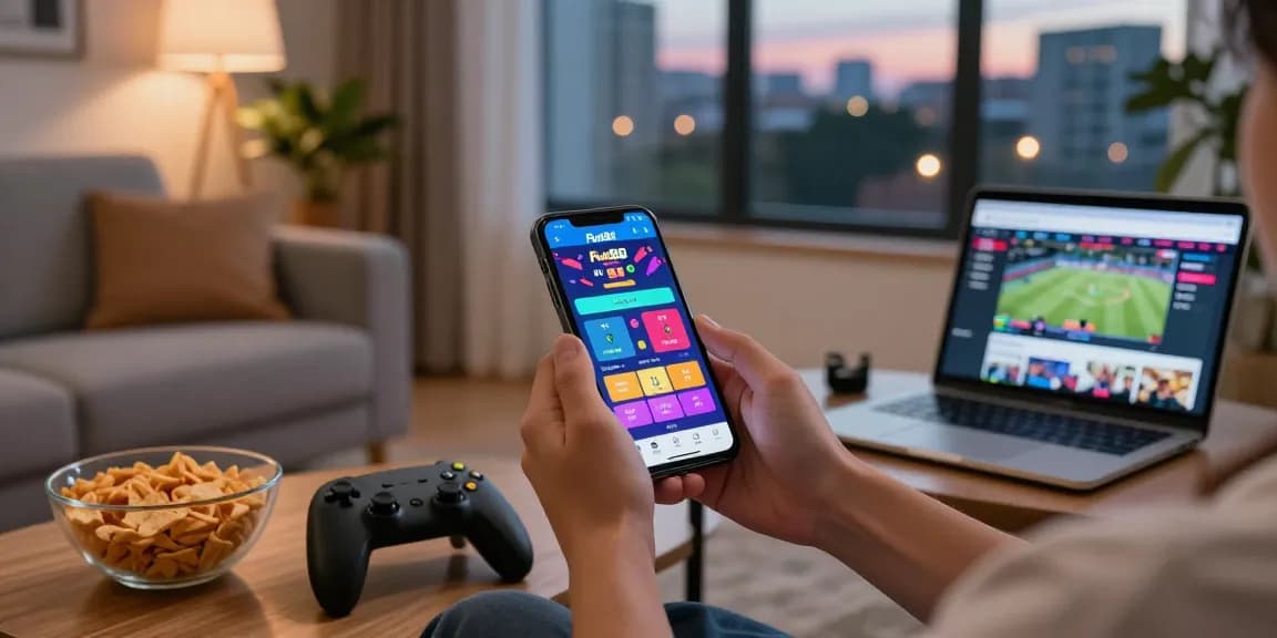 Mobile gaming with Fun88 app on a smartphone, snacks and laptop present.