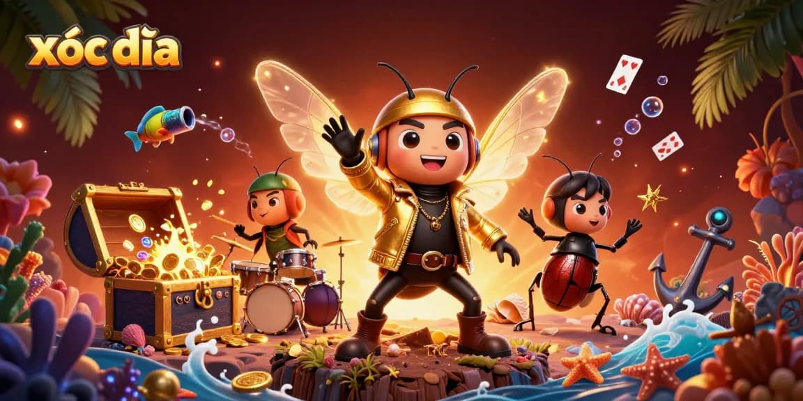Xóc đĩa game's vibrant characters play amid floating cards and treasures.