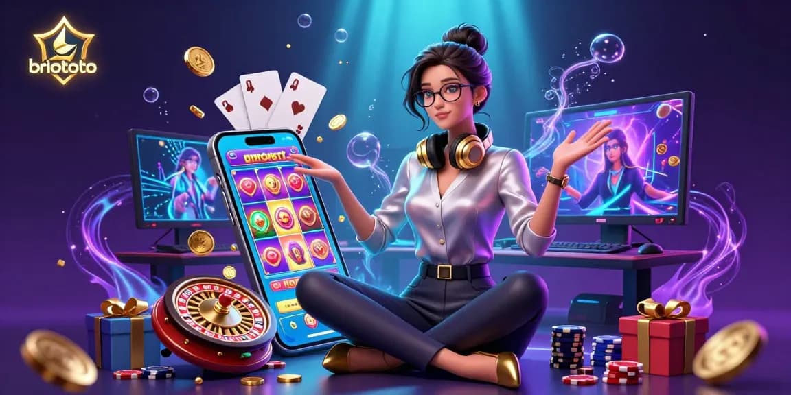 Briototo showcases an expert Asian gamer at a casino setup with slot games and glowing effects.