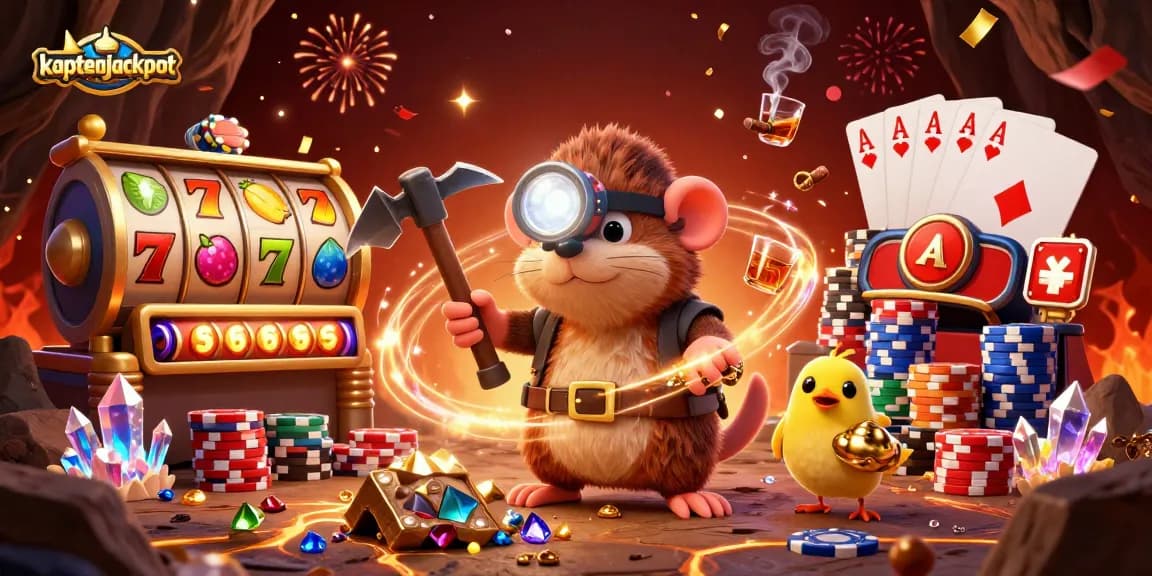 Experience the thrill of the kaptenjackpot with our cartoon treasure hunter mole amidst a vibrant casino scene.