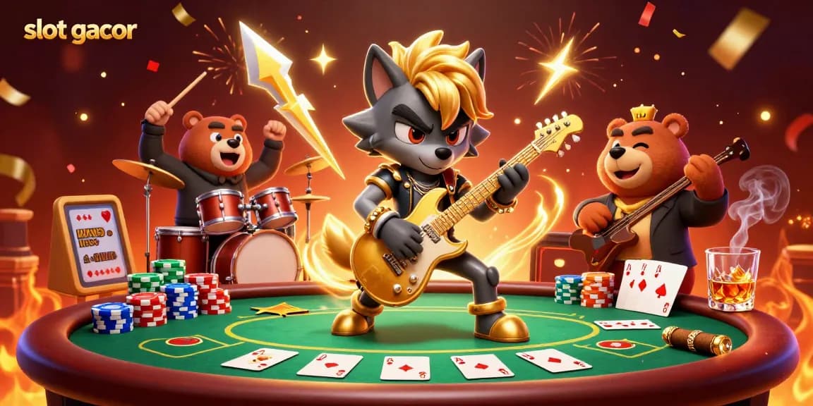 Experience excitement with slot gacor as a rock star wolf shreds guitar among poker champions.