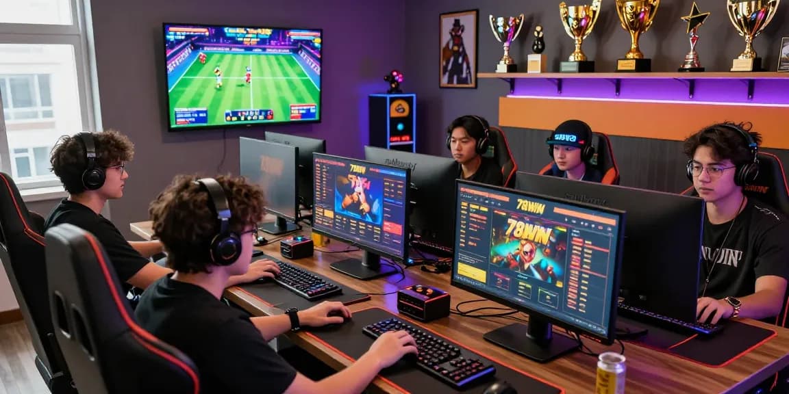 Engaged players enjoying the 78WIN online gaming experience in a modern gaming setup, showcasing excitement and interaction.