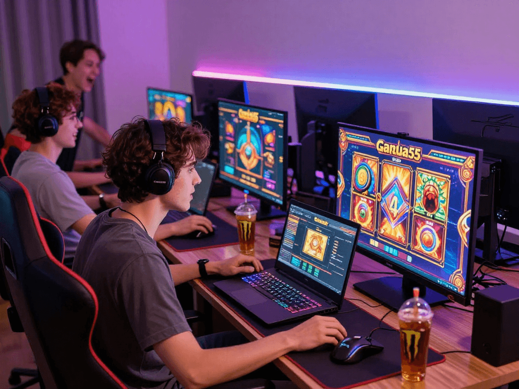 Players experiencing excitement on GARUDA55 gaming platform, engaging in colorful slot games.