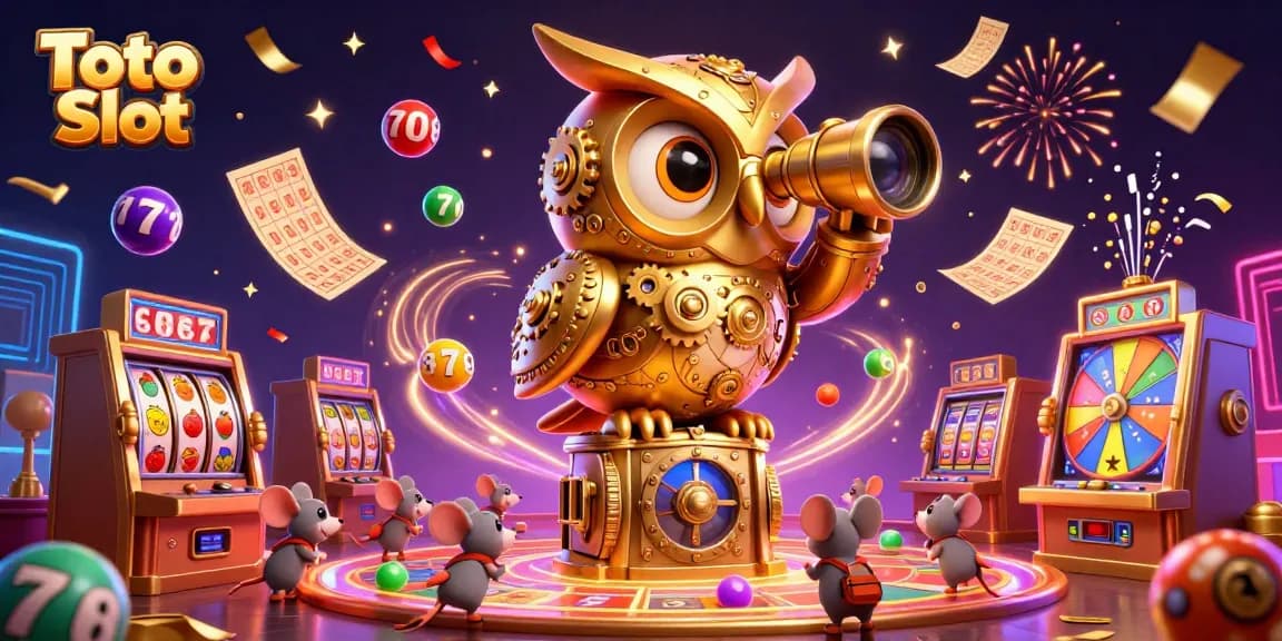 Toto Slot memikat pemain dengan ilustrasi kasino penuh warna dan detail, dikelilingi simbol slot dan bola lotere.