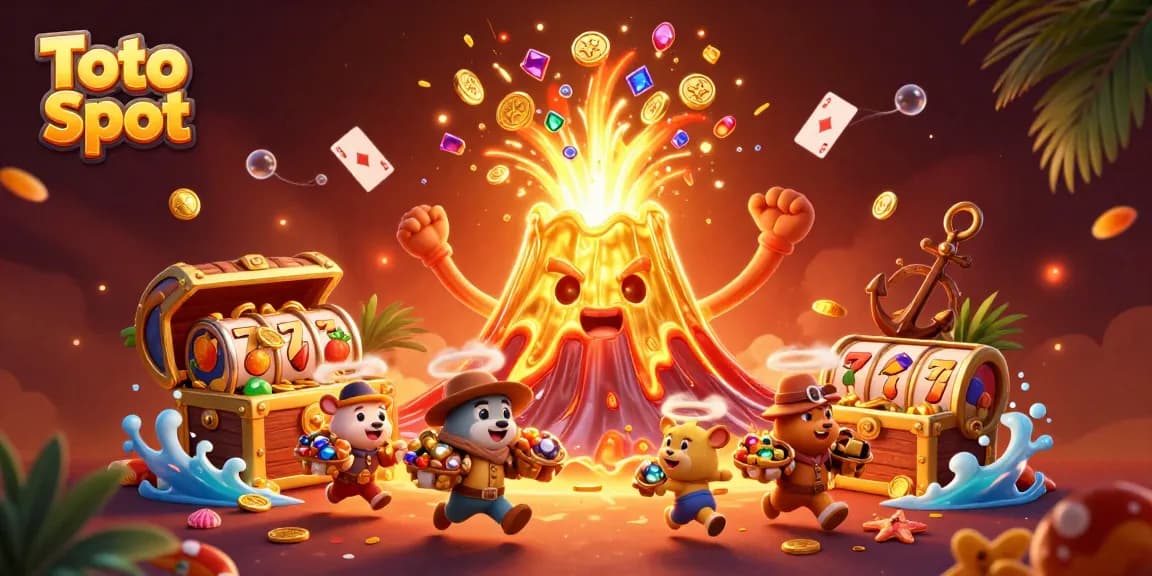 Engage in exciting Toto Slot gameplay with dynamic elements like golden volcanoes and treasure bursts.