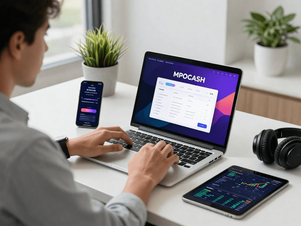 MPOCASH.blog showcasing a vibrant digital workspace with technology elements for seamless online transactions.