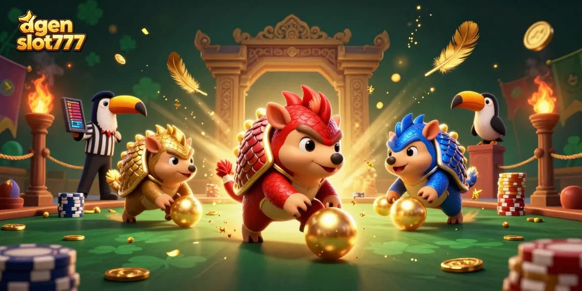 Experience the thrills of agen slot777 with cartoon pangolins battling in a vibrant casino scene.