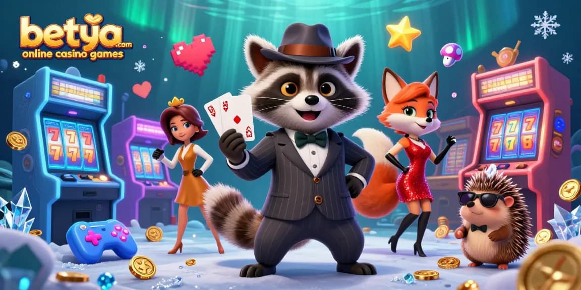 Play thrilling betya.com online casino games with a raccoon and fox in a vibrant casino scene.