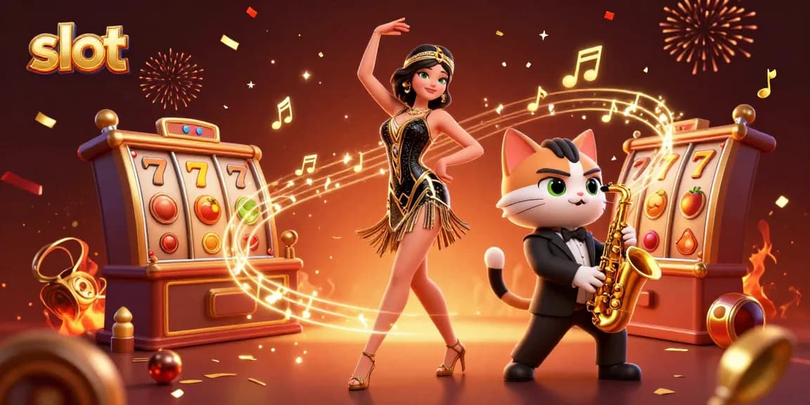 Rasakan permainan slot yang mendebarkan dengan ilustrasi dinamis ini yang menampilkan karakter lucu dan simbol kasino.