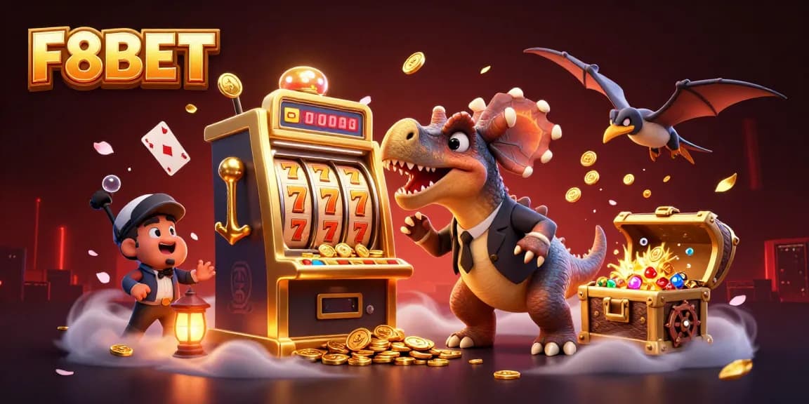 F8BET invites players to enjoy thrilling jackpots with cartoon characters celebrating golden wins.