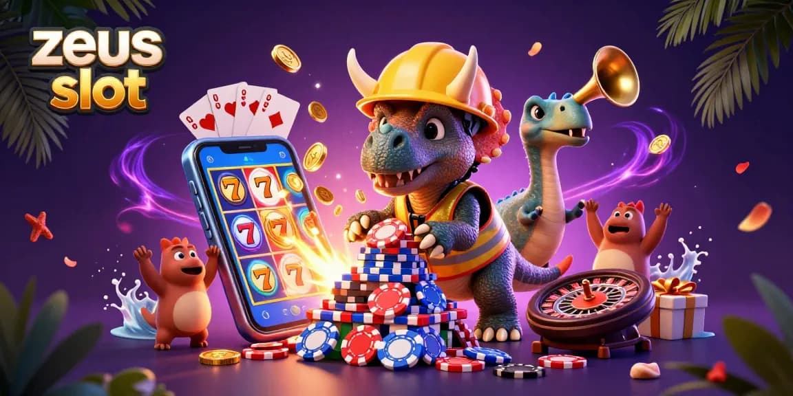 Play "zeus slot" with spinning reels featuring a colorful casino scene and dynamic characters.