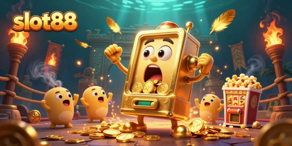 Slot88 menghadirkan mesin slot emas 3D merayakan jackpot, dikelilingi koin emas yang berjatuhan.