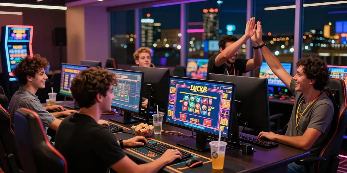 Friends enjoying an exciting LUCK8 online gaming session in a vibrant casino atmosphere.
