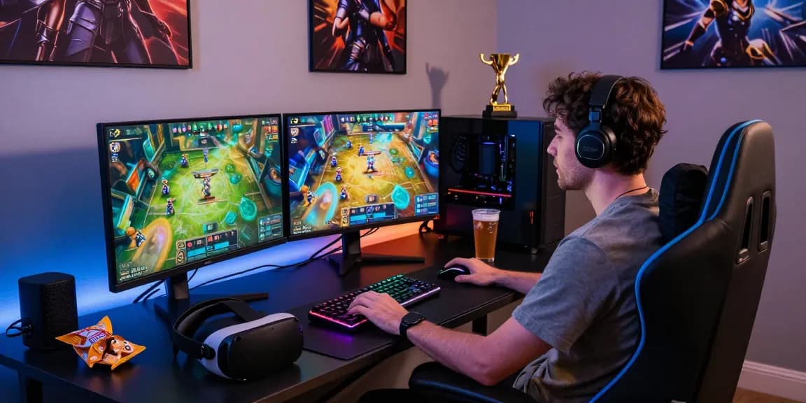 Engaging gaming setup featuring the latest sunwin card game, vibrant monitors, and gaming gear.
