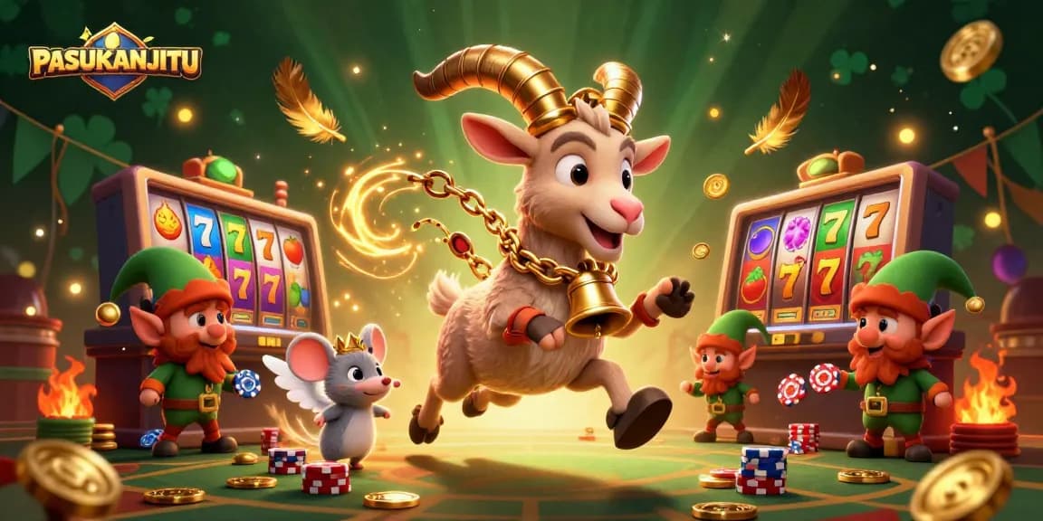 PASUKANJITU presents a vibrant slot casino scene with Krampus goat, angel mouse, and mischievous gremlins.