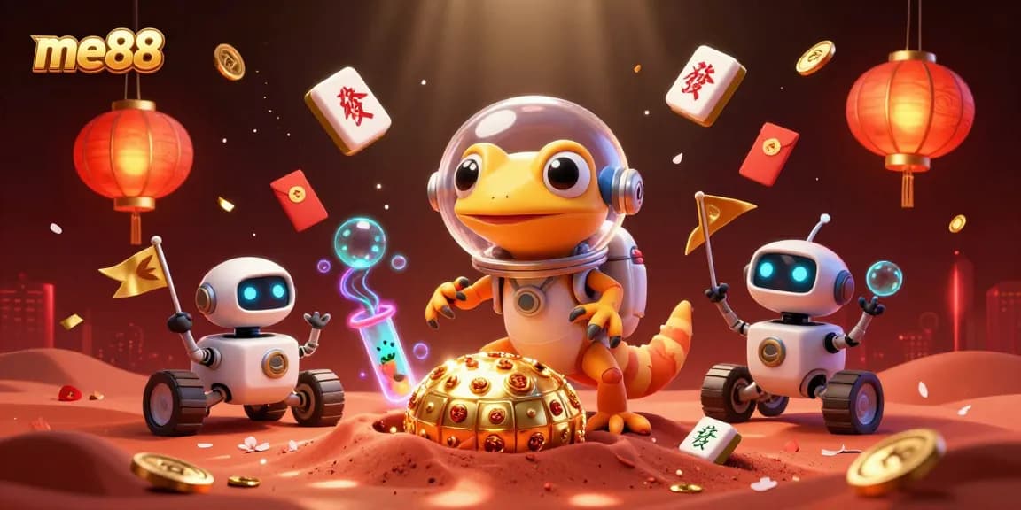 Experience thrilling gaming with me88 as a Martian gecko discovers a golden casino adventure in space.