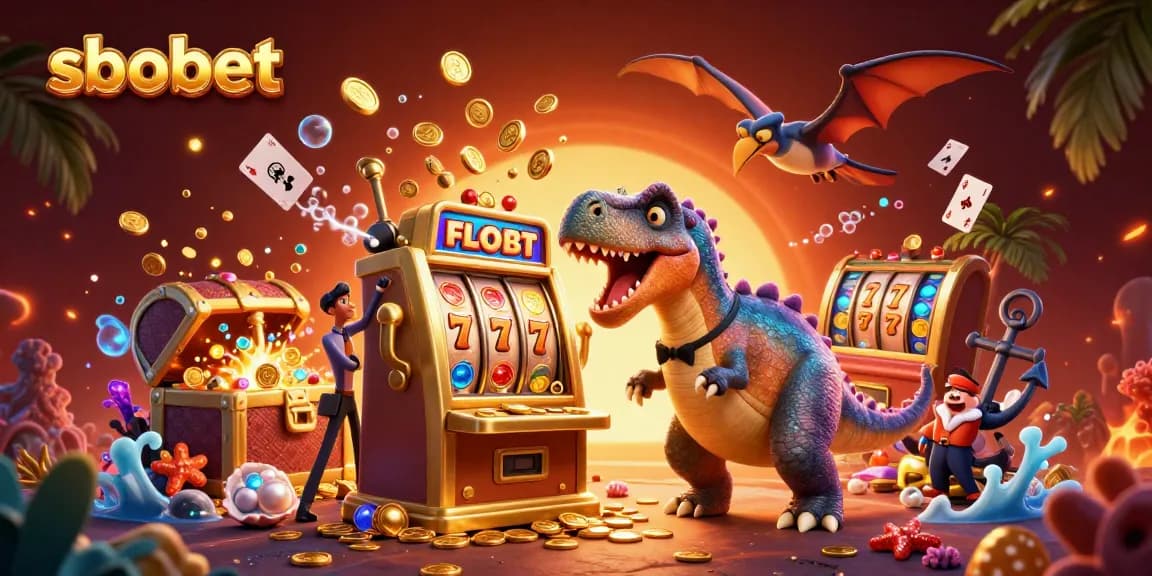 Engage in sbobet gaming as a pachycephalosaurus hits a jackpot slot, with treasures everywhere.