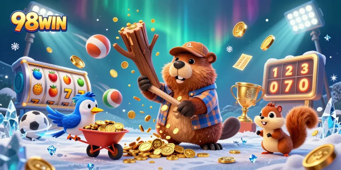 Experience exhilarating wins with 98WIN's vibrant casino elements raining golden coins.