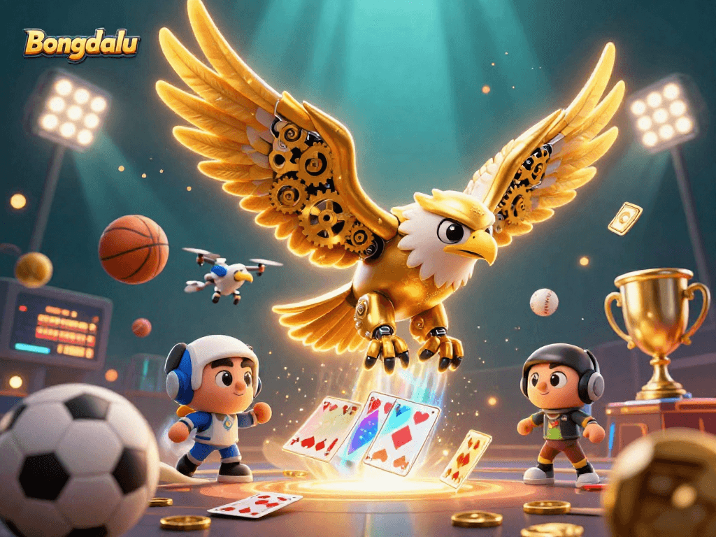 Bongdalu showcases an epic dive by a cybernetic golden eagle through holographic cards in a dynamic gambling scene.