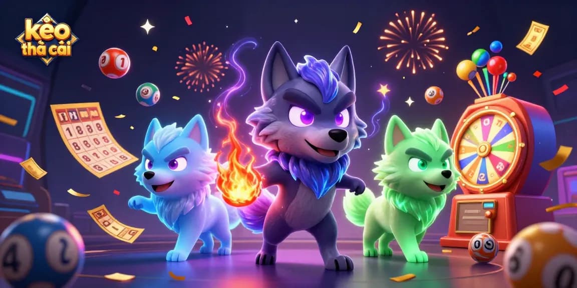 Experience thrilling kèo nhà cái action with cartoon wolves and vibrant gaming elements.