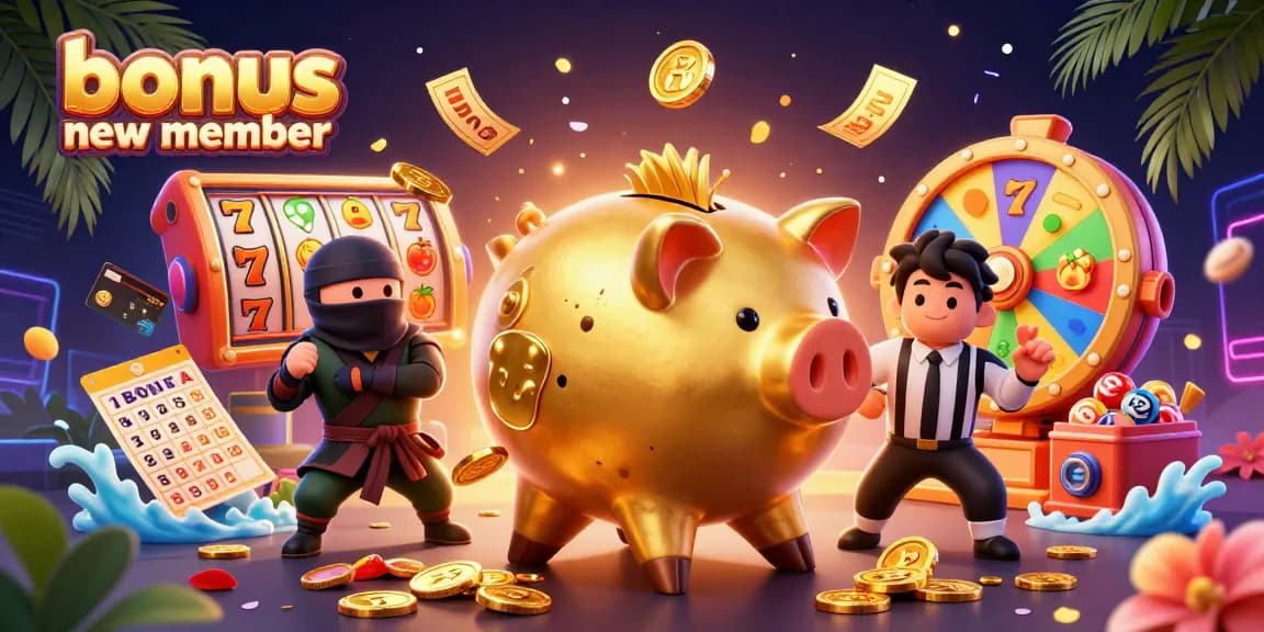 Win big with our bonus new member slot promotions featuring vibrant characters and game elements.