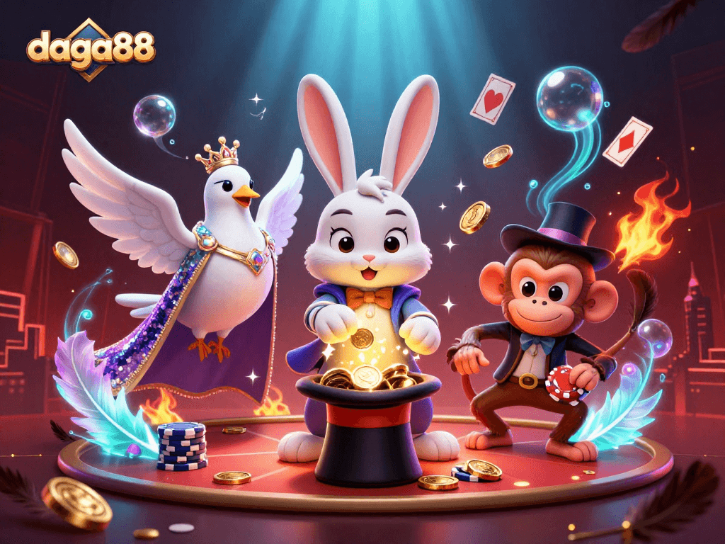 Engage with daga88's thrilling arena scene featuring a magician rabbit, a sequined dove, and a cheeky monkey.