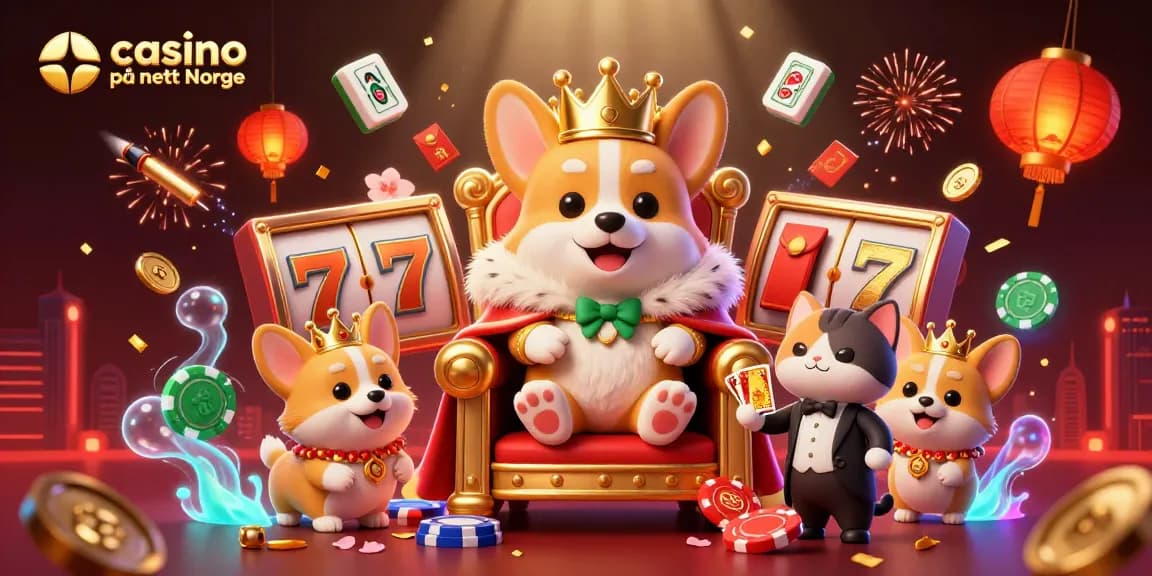 Gjør deg klar for moro med casino på nett Norge med denne livlige 3D-illustrasjonen. Corgi med krone styrer et pokerchip-trone!