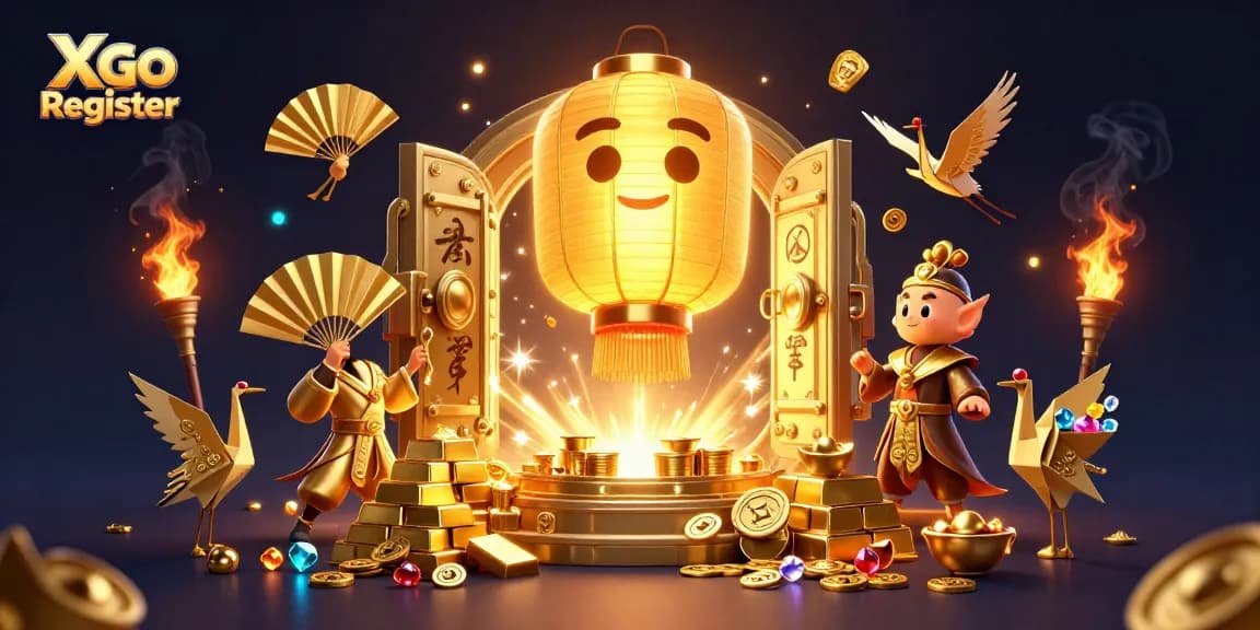 Engage with Xgo Register, a vibrant 3D casino-themed illustration showcasing golden characters and gaming treasures.