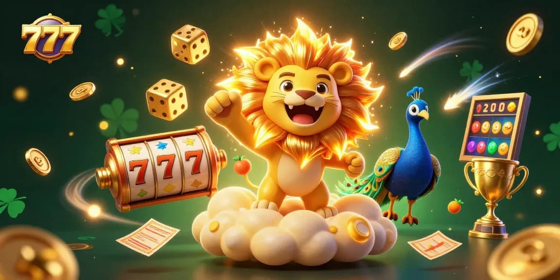 Experience thrilling wins with 777 slot reels and golden dice tumbling in a vibrant casino scene.