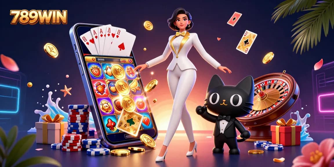 Experience thrilling action with the 789WIN casino gaming illustration showcasing vibrant slot games and dynamic characters.