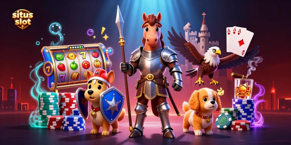 Menang dalam situs slot dengan simbol keberuntungan dan karakter kartun menghibur di latar belakang penuh warna.