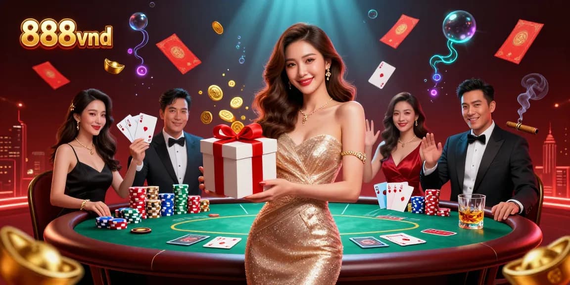 Experience the excitement of 888vnd casino with golden coins and festive visuals in a dynamic scene.