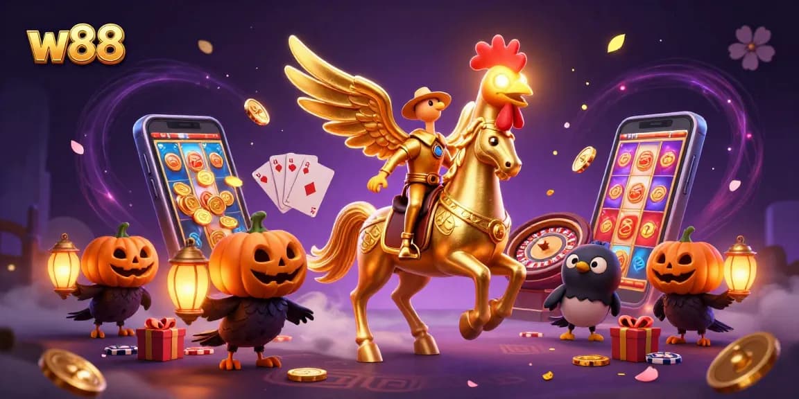 w88 players enjoy a lively casino scene with golden rooster and dynamic gaming elements.